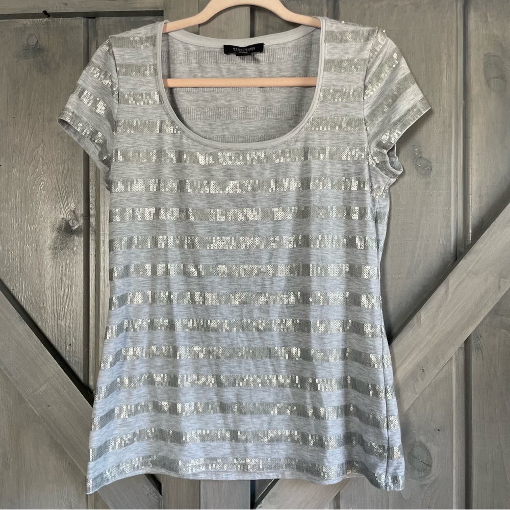 White House black market gray sequin stripe t shirt size M - Picture 2 of 7